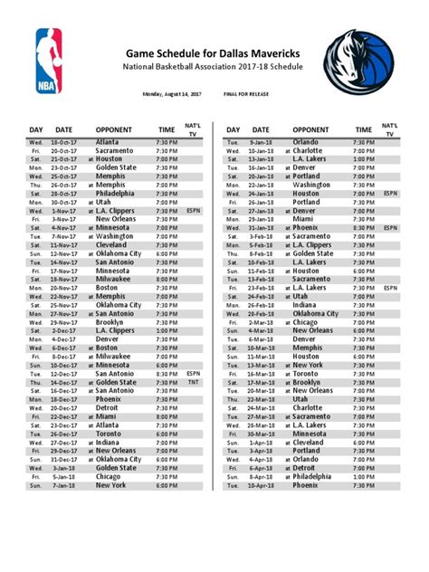 mavs schedule espn